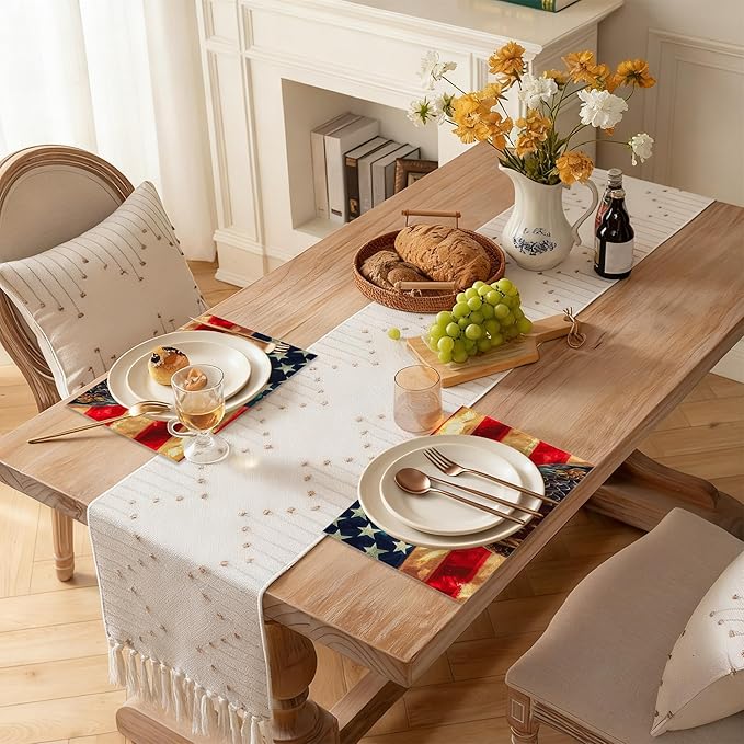 Linen Placemats Set of 6, Eagle Retro American Flag Washable Table Mats 12x18 Inch, Heat Resistant Non Slip Placemats for Dining Table Kitchen Everyday Use