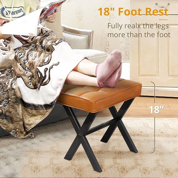 LUE BONA Vanity Stool, Faux Leather X-Leg Foot Stool, Small Ottoman Makeup Stool Chair for Vanity, Modern Padded Foot Rest Vanity Seat for Makeup Room, Bathroom, Whiskey Brown