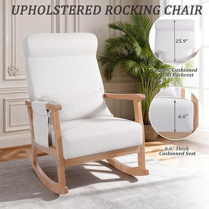 NOBLEMOOD Rocking Chair Indoor with Ottoman, Upholstered Rocking Chair with Lumbar Pillow, Side Pocket, High Back Solid Wood Frame Rocker with Footrest for Living Room