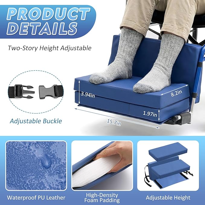 Novabright 2 Pcs Adjustable Footrest High Density Foam Leg Rest with Chair Seatbelt PU Waterproof Leather Foot Support Elevating Pads, Footplates and Heel Loops BlueLeg Cushion Protector for Home