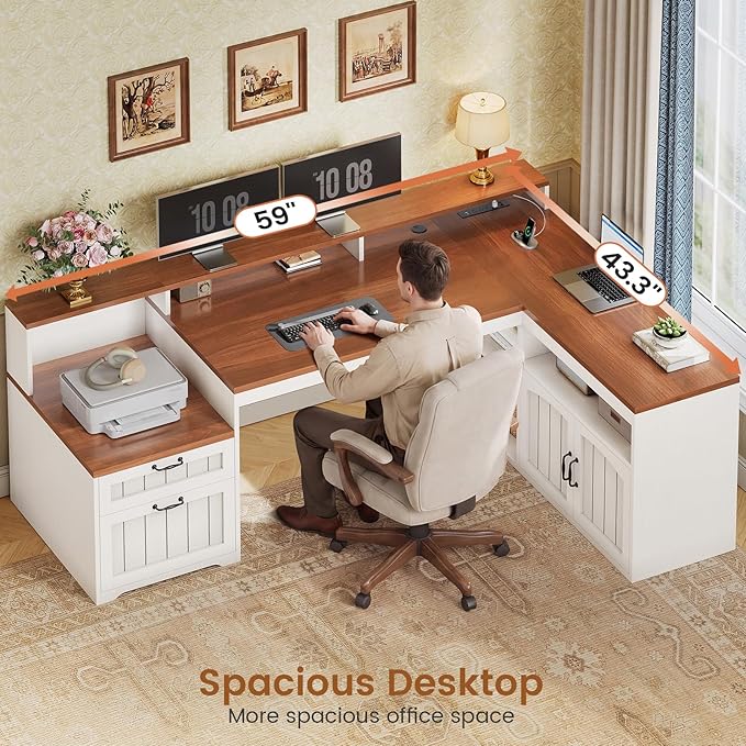 SEDETA Farmhouse L Shaped Desk with Drawers, 59" Office Desk with File Drawers, Wood Corner Computer Desk with Storage Cabinet, Home Office Desk with Monitor Stand & Power Outlets, Brown and White