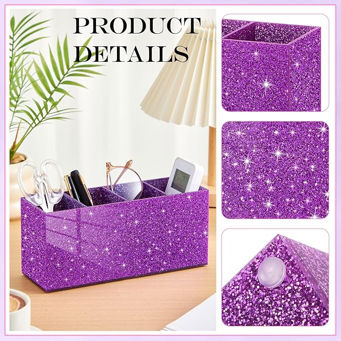 Jetec Acrylic Glitter Pen Holder 4 Compartments Bling Makeup Brush Stationery Organizer Pencil Holder for Desk Accessories Sparkly Gifts for Women Birthday Valentines Desktop Workplace Office(Purple)
