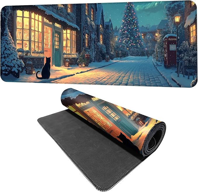 Christmas Winter Village Mouse Pad – 31.5" x 11.8" Large Extended Desk Mat with Black Cat and Christmas Tree Scene – Cozy Holiday Design, Non-Slip Base, Smooth Surface for Home & Office