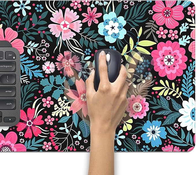 Boho Floral Large Mouse Pad Desk Pad, 27.5x11.8in Pink and Blue Flower Extended Keyboard Mousepad with Stitched Edges, Non-Slip Waterproof Rubber Base for Office, Computer & Laptop
