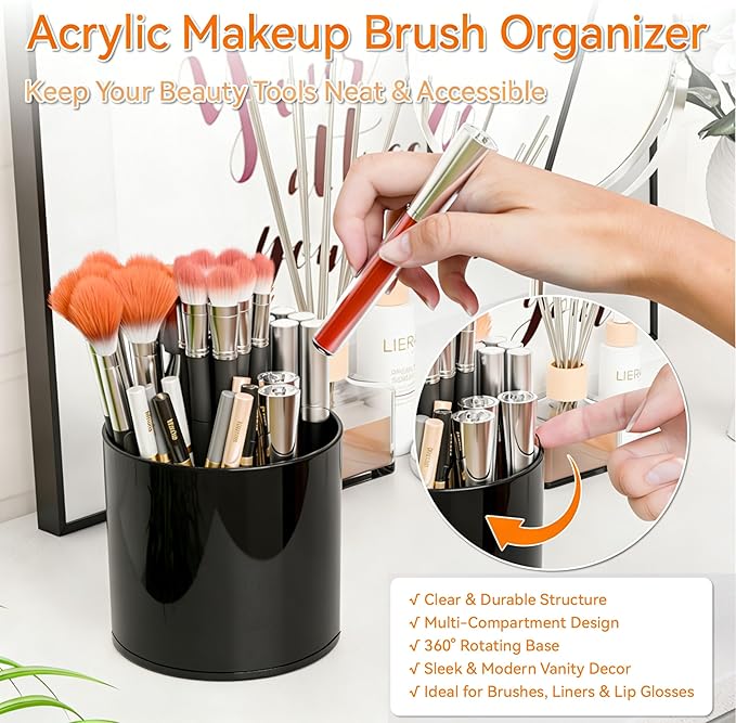 Yieach Rotating Acrylic Makeup Brush Holder for Vanity,Bathroom Countertop,Round Makeup Brushes Organizer,Spinning Cosmetic Brushes Holder,Make up Brush Storage and Office Desk Pen or Pencil Cup,Black
