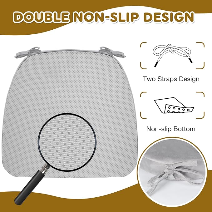 Chair Cushions Set of 2, D-Shaped Seat Cushion for Chair, Non Slip Chair Pads with Ties, 17" x 16" x 2", 40D Foam, Removable Washable Cover, Seat Cushions for Kitchen Chairs, Velure Grey