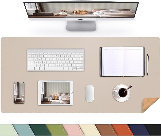 AFIING Cork Desk Mat 23.6 x 13.7, Dual-Sided Cork & PU Leather Desk Pad, Waterproof Non-Slip Desk Protector for Home Office, Study Desk & Minimalist Workspace Beige