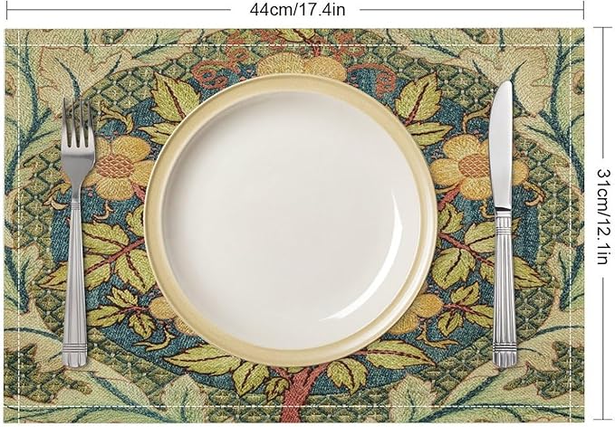 William Morris Floral Placemats Vintage Tree Art Style Boho Chic Retro Tree Linen Washable Table Mats Stain Heat-Resistant Desktop Decor Place Mats for Home Kitchen Dining Party 12x18 in 6 Pcs