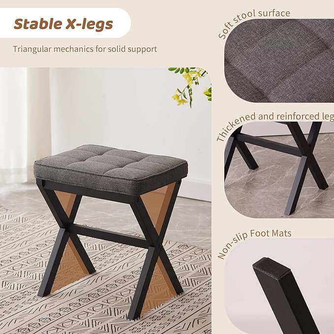 Foot Stool Small Ottoman Foot Rest Padded Foot Stool Desk for Under Office Desk Vanity Stool Bamboo Footstool Sofa Footrest Shoe Stool Small Foot Stools (Black Legs + Gray)
