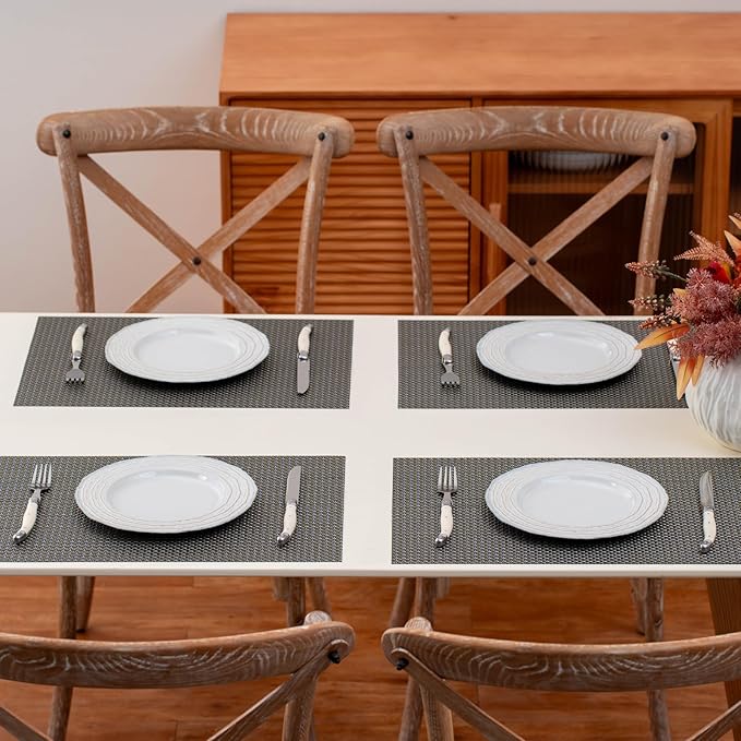 Heat Resistant Woven Vinyl Placemats, PVC Polyester Blend, 17.72x11.81 Inches, Gold and Gray, Set of 4, Non-Slip Stain Resistant Kitchen Table Mats