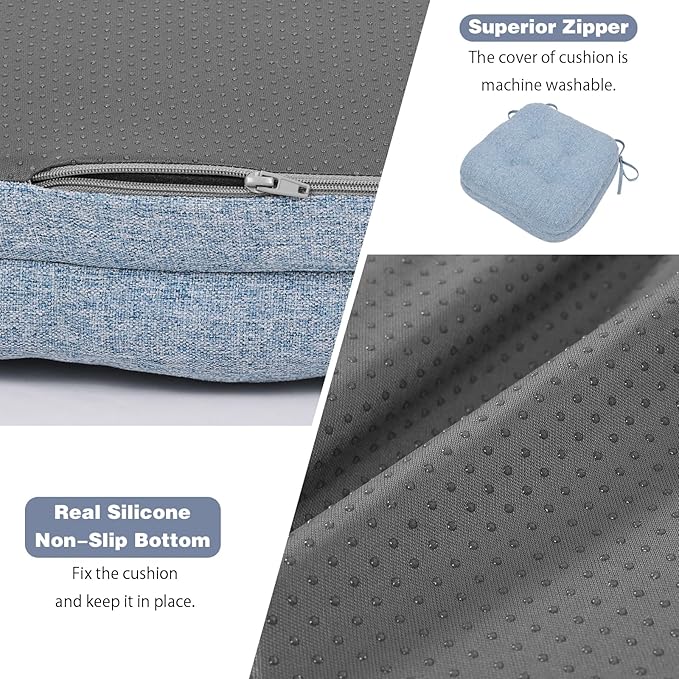 baibu Set of 6 Dining Chair Cushions, Dual-Layer Patent Design Memory Foam Kitchen Chair Cushions, Non-Slip Seat Pads with Ties, 16.5 x 16.5 x 3.5in, 6 Pack, Light Blue