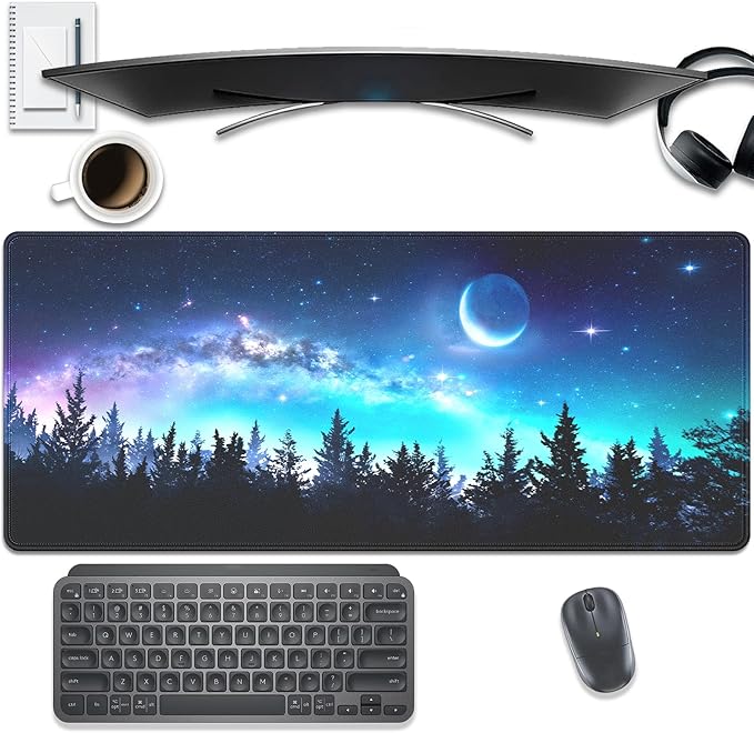 Starry Night Forest Large Gaming Mouse Pad Desk Pad, 27.5x11.8in Moon Galaxy Extended Desk Mat with Stitched Edges, Non-Slip Waterproof Rubber Base for Office, Computer & Laptop
