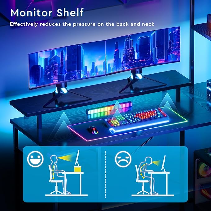 Maihail L Shaped Gaming Desk with Shelves,Reversible Computer Gaming Desk with LED Lights and Charging Station,Home Office Corner Desk with Monitor Stand,Black