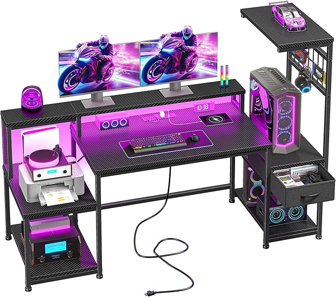 DurayLoly 55" Gaming Desk with LED Lights & Outlets,Computer Desk with Drawers & Monitor Stand,Gaming Table with 3 Storage Shelves, Hooks& Printer Space for Game&Study Room,Home Office,Bedroom,Black