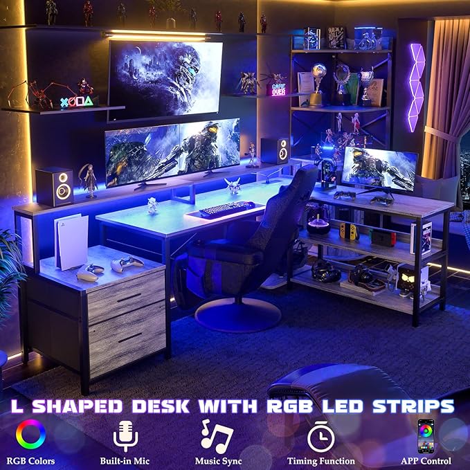 Aheaplus L Shaped Desk with Power Outlet, Reversible L Shaped Computer Desk with File Drawer & Monitor Stand, Gaming Desks with LED Strip, Home Office Desks with Storage Shelf,1White Oak