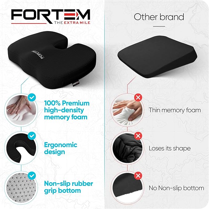 FORTEM Seat Cushion, Office Chair Cushion, Memory Foam Car Seat Cushions, Sciatica Coccyx Tailbone Pain Relief, Chair Cushions for Back Support, Sitting Pad for Gaming, Washable Cover, Non Slip
