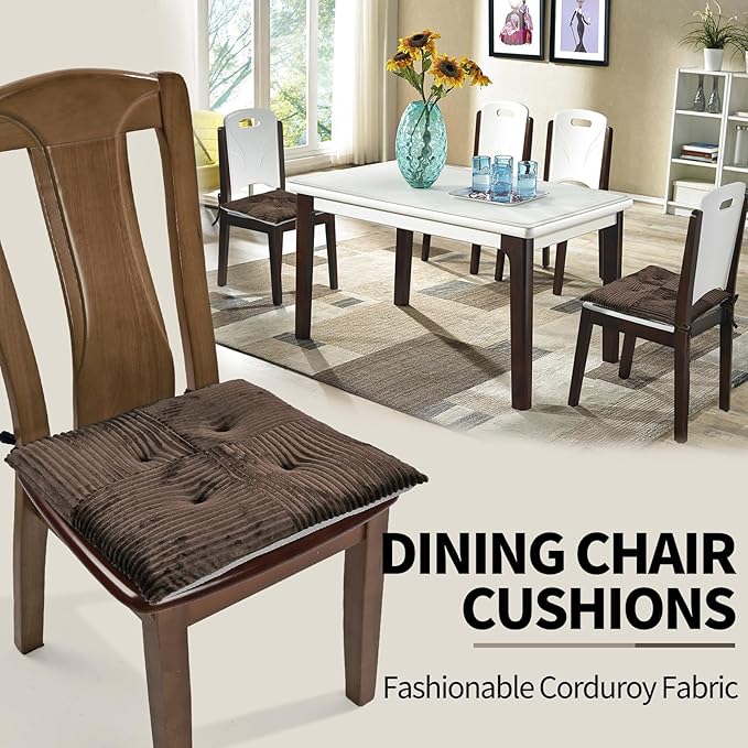 Office Stacking Chair Cushion with Ties, Corduroy High Density Foam Non-Slip Kitchen Seat Cushion, Square 17" x 17" Indoor Dining Chair Pads, Brown, 1 PCS