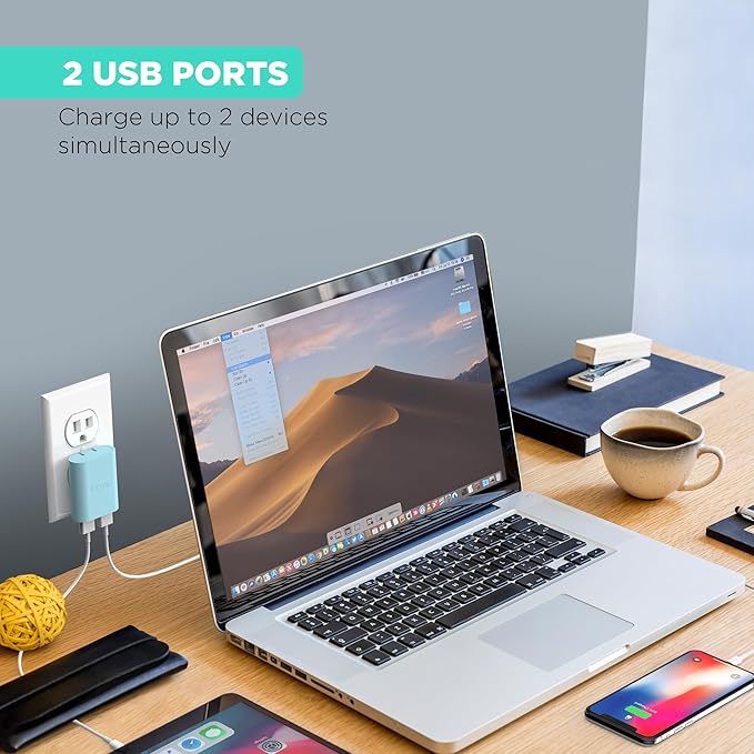 iHome 2-Port USB Wall Charger, AC Pro Multiport Plug Adapter, Phone Charging Block with Dual Ports for Home & Travel