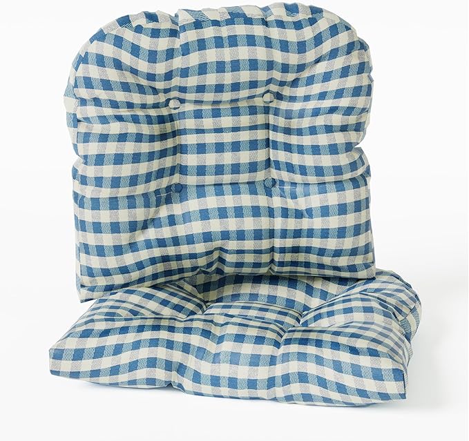 Klear Vu Gripper Overstuffed Universal Non-Slip Dining Chair Cushions for Kitchen Decor or Office Use, U-Shaped Skid-Proof Seat Pad, 15x15 Inches, 2 Count (Pack of 1), Gingham Blue