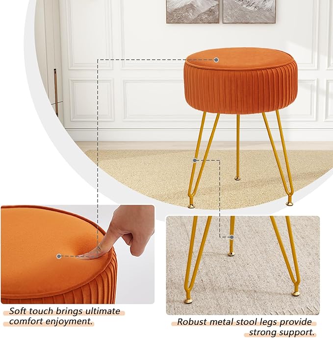 Velvet Vanity Stool, Modern Ottoman Foot Rest Stool with Adjustable Golden Legs, Makeup Chair for Vanity, Multifunctional Small Vanity Chair for Bedroom, Orange