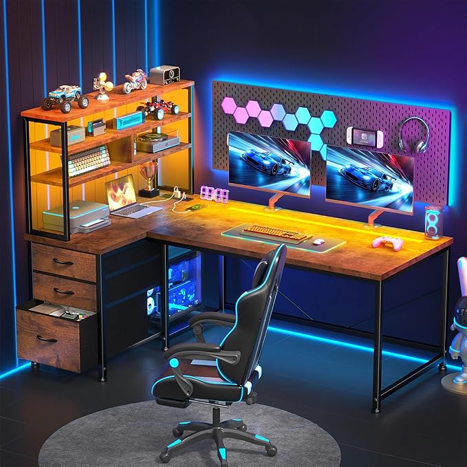 DurayLoly Office Desk with 3 Fabric Drawers & Shelf, Reversible L Shaped Desk Computer Desk with Remote LED Lights, Power Outlet for Home Office Desk, Corner Desk for Bedroom, Brown