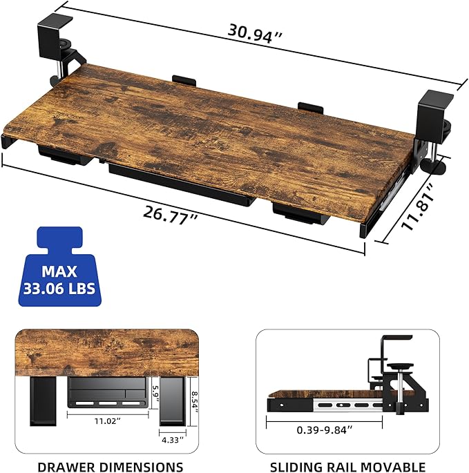 ETHU Keyboard Tray Under Desk, Pull Out Keyboard & Mouse Tray with C-clamp, Ergonomic Desk Keyboard Tray Slide Out, Pull Out Platform Drawer for Home and Office(Wood)