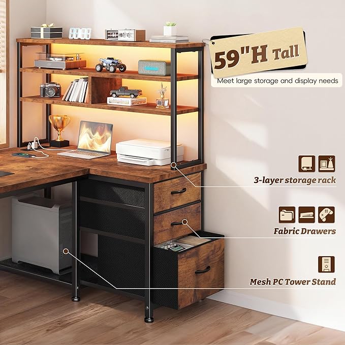 DurayLoly 55 Inch Computer Desk with 3 Fabric Drawers & 3 Shelves, Reversible L Shaped Desk Office Desk with Remote LED Lights, Power Outlet for Gaming Desk, Corner Desk for Bedroom,Dorm, Brown