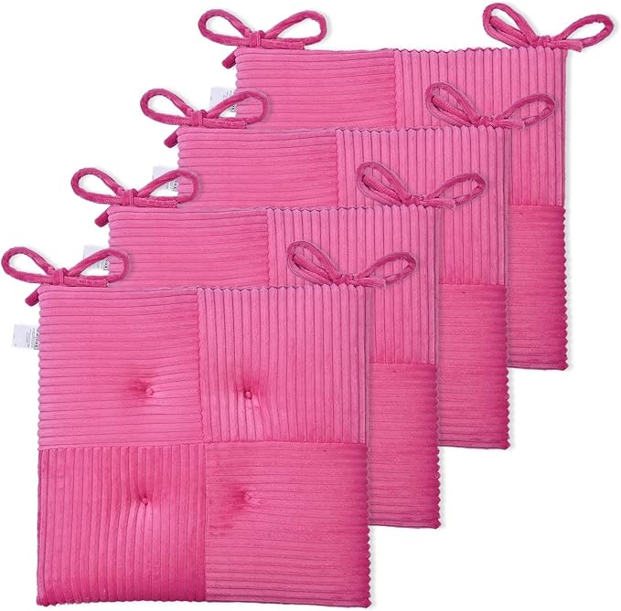 Office Stacking Chair Cushions 4 Pack, Corduroy High Density Foam Kitchen Seat Cushions with Ties, Square 17" x 17" Indoor Non-Slip Dining Chair Pads, Pink, 4pcs