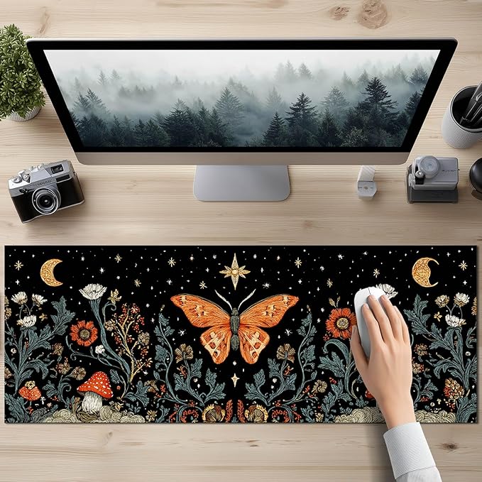 HOMETITUTE XL Mouse Pad 31.5 x 11.8 Inch Vintage Butterfly and Moon Design Large Desk Mat Extended Gaming Mousepad Non Slip Waterproof Desk Pad Keyboard Mat Computer Accessories for Office Home