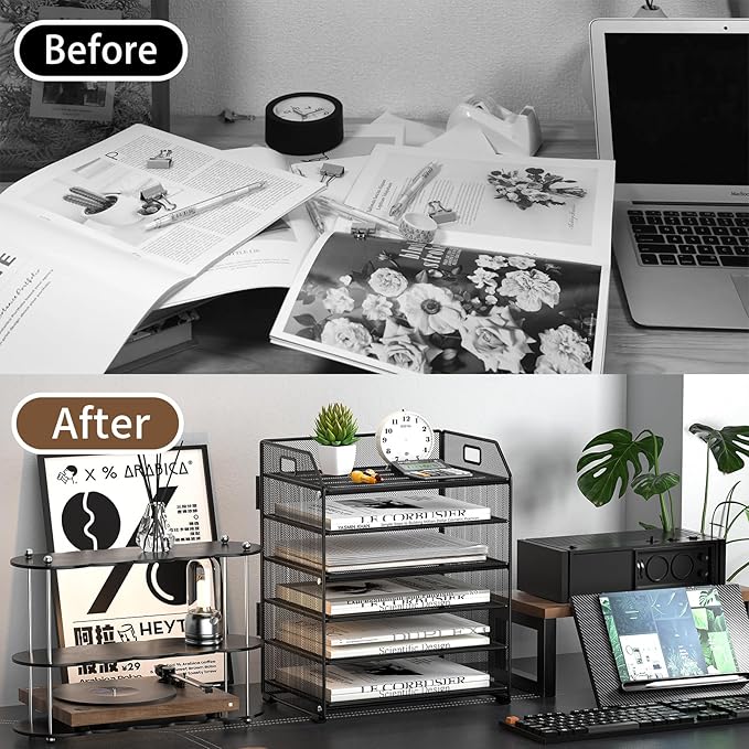 6 Trays Paper Organizer Letter Tray with Pull-Out Drawer, Assembled Mesh Desk File Holder, Metal Paper Sorter for Office Documents, Black