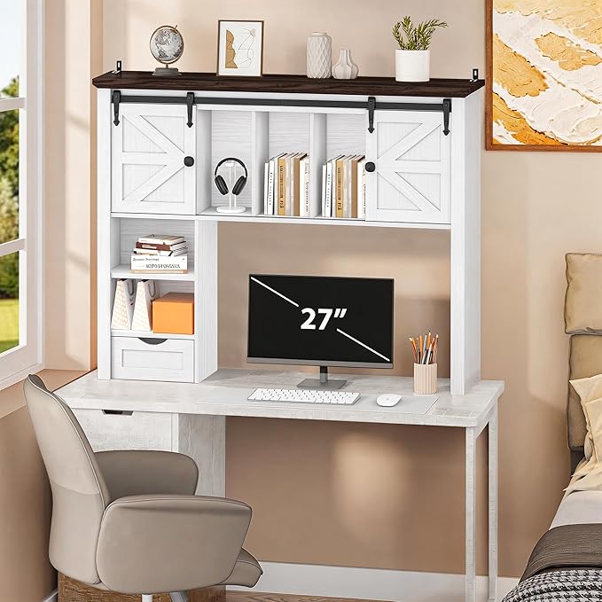 Large Desktop Bookshelf with Sliding Barn Door, 47.2''W Desk Shelf Display Rack, Desktop Organizer Storage Rack with 7 Cubbies and Drawer, Home, Desk Shelf for Office, Dorm, Vanity, White
