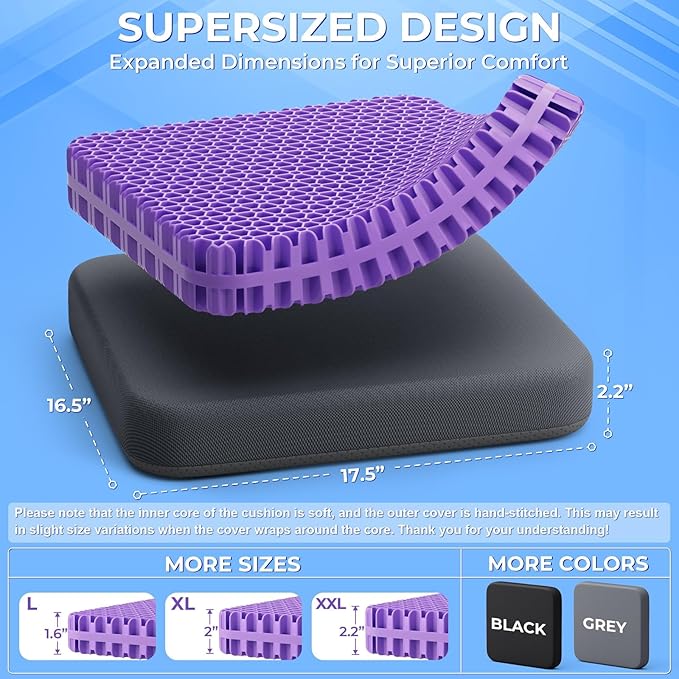TushGuard Gel Seat Cushion for Long Sitting, Enlarged & Thickened Patent Design, Breathable Cooling for Office Chair, Soft Car Seat Cushion for Wheelchair (2.2" Thick, Black)