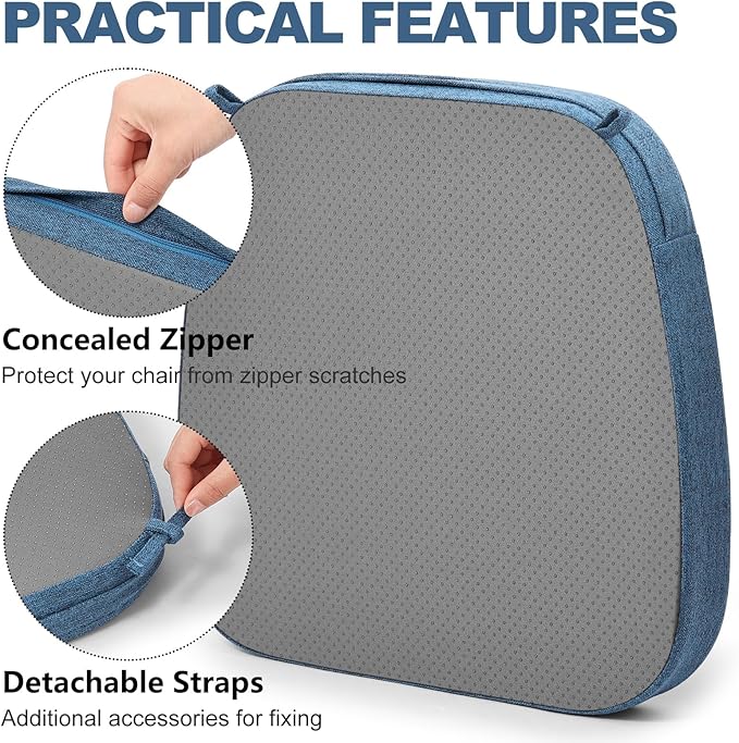 Shinnwa Chair Pad for Dining Chair, Non-Slip Kitchen Chair Cushion with Detachable Straps and Machine Washable Cover, 17x16x2in, Blue