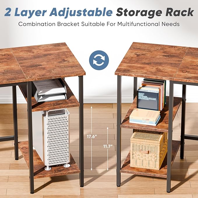 DUMOS L Shaped Gaming Desk with Charging Station & 2 Monitor Stands, Computer Desk with Drawer & Adjustable Storage Shelves, Large Corner Desk for Home Office, 62 Inch Rust Wood