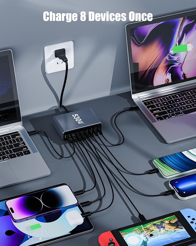 USB C Charger 530W USB C Charger Block,Upgraded GaN IV 8-Port Charging Station Hub,Travel Essentials 140W Fast Charging Laptop Adapter for MacBook Pro/Air,DELL,Steam Deck,iPhone 17/16,Galaxy S25/24