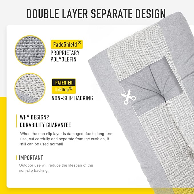 SUNROX LokGrip Non Slip Tufted Memory Foam Bench Cushion, FadeShield Water Resistant Durable Thicken Outdoor/Indoor Bench Seat Pads 48x16x4 inch, Heather Grey