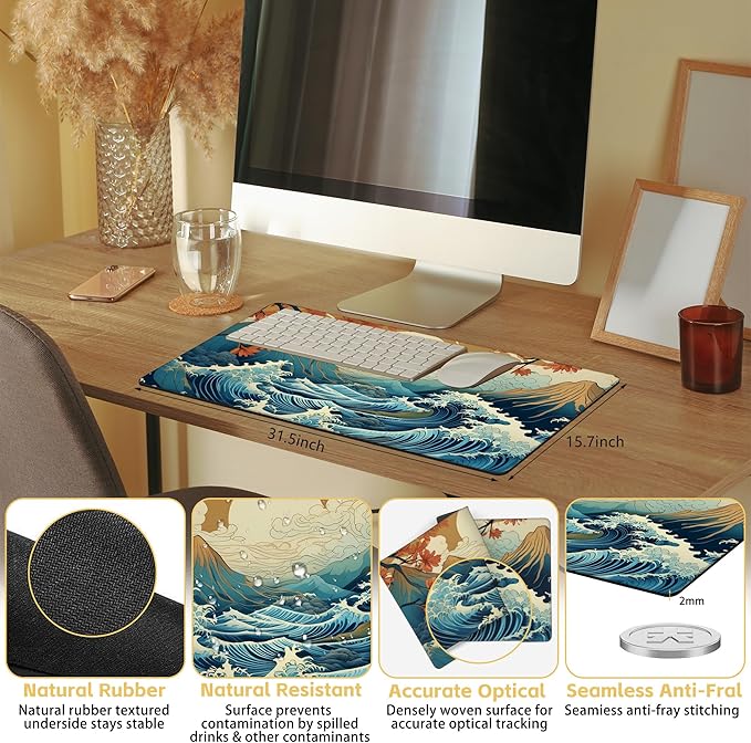 Large Gaming Mouse Pad Japanese Waves Desk Mat Mouse Pad Extended XL Mousepad, Large Non-Slip Rubber Base Mousepad with Stitched Edges, Desk Pad for Work Game Office, 31.5 x 15.8 in