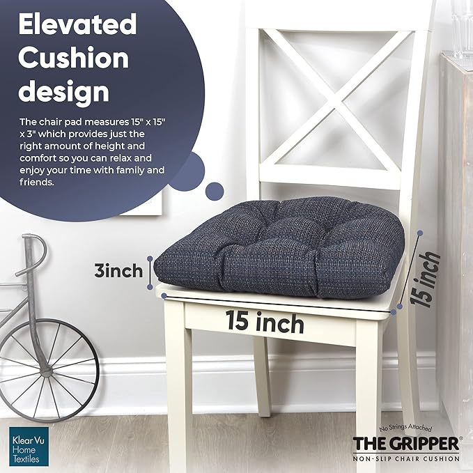 Klear Vu Gripper Overstuffed Universal Non-Slip Dining Chair Cushions for Kitchen Decor or Office Use, U-Shaped Skid-Proof Seat Pad, 15x15 Inches, 8 Count (Pack of 1), Waffle Navy Blue