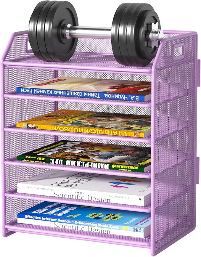 6 Trays Paper Organizer Letter Tray with Pull-Out Drawer, Assembled Mesh Desk File Holder, Metal Paper Sorter for Office Documents, Purple
