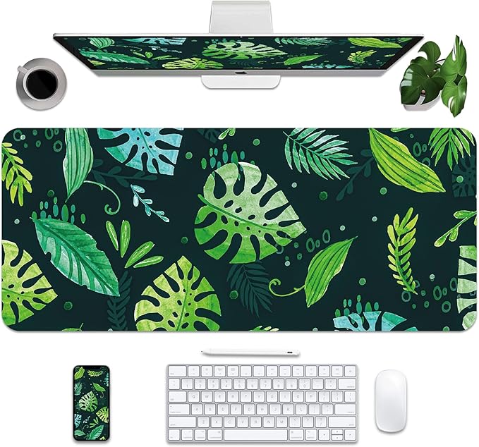 Green Desk Mat 35.4" x 15.7", Cute Plant Cool Desk Pad Keyboard Mat Flower Mouse Pad Green Desk Mat Desk Decor with Stitched Edges Non-Slip Large Computer Matt 35.4" x 15.7", Greenery