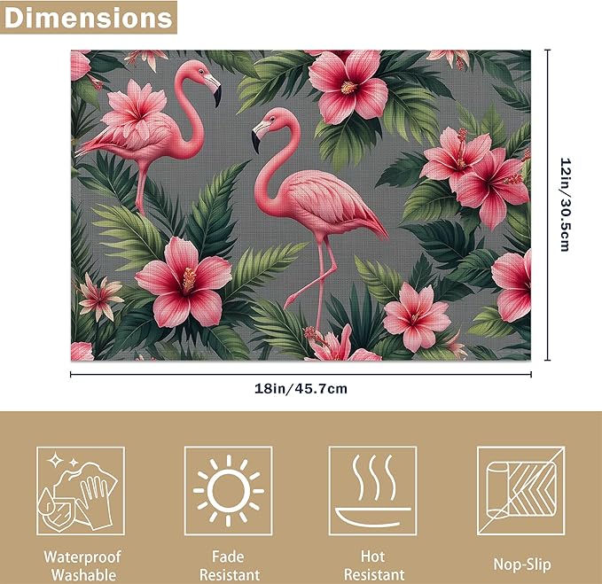 Tropical Pink Flamingo Placemats Set of 6 Linen Table Mats, 12x18 Inch Washable Placemats for Dining Table, Non Slip Heat Resistant Mats for Kitchen Home Decor