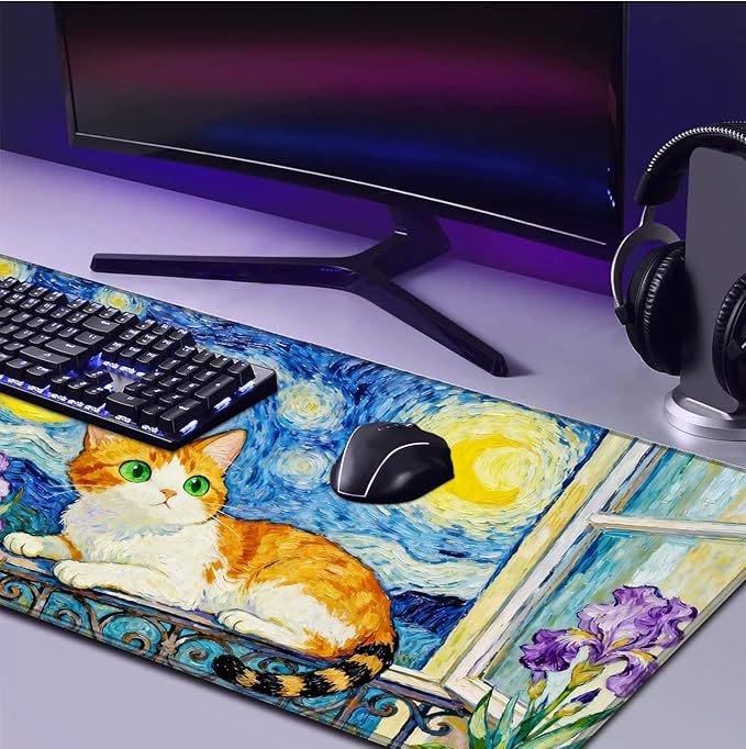 Cute Anime Cat Desk Pad Cartoon Watercolor Cat Mouse Pad XXL Large Game Mouse Pad Women's Office Decoration Laptop Keyboard Pad Computer Pad 35.4X15.7 Inches