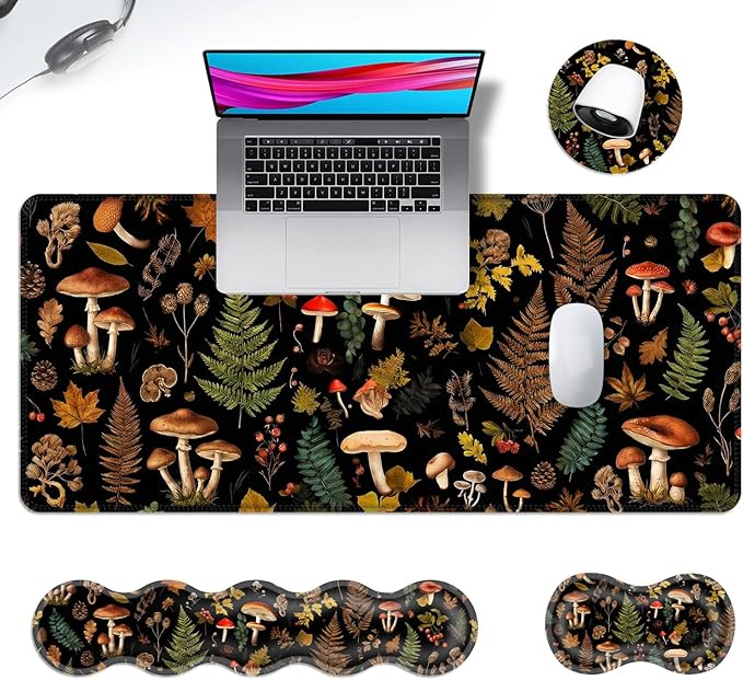Ergonomic Mouse Pad Set with Wrist Support for Keyboard and Wrist Rest for Mouse, Memory Foam Comfort, Non-Slip Large Desk Mat for Home Office Pain Relief,Vintage Mushrooms Forest