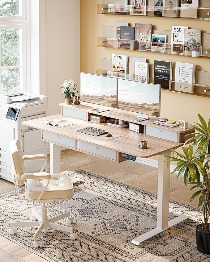 FEZIBO 60 x 30 inch Standing Desk with Drawers, Height Adjustable Electric Workstation, Computer Sit Stand Up Table with Large Storage Shelf 4 Drawers and 2 Hooks, Light Rustic Brown