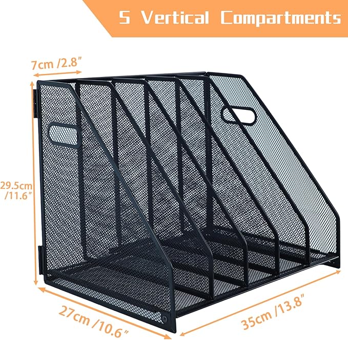 Magazine file holder for desk with 5 Vertical Compartments Folder Storage Binder Organizer for Office Home School Organization, Black