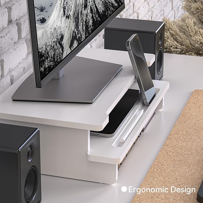Computer Monitor Stand Riser, 16.5 Inch Wood Desk Shelf Storage Organizer with Phone Tablet Holder, White