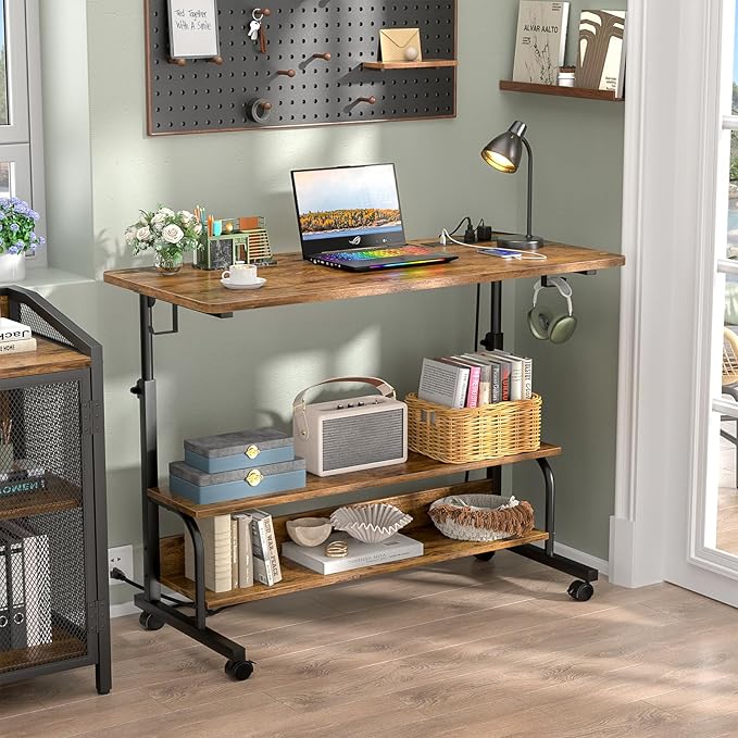 Besiost 39" Height Adjustable Standing Desk with Power Outlets - Manual Rolling Stand Up Desk with Wheels Small Portable Computer Desk Mobile Laptop Table with Storage Shelves for Home Office, Rustic