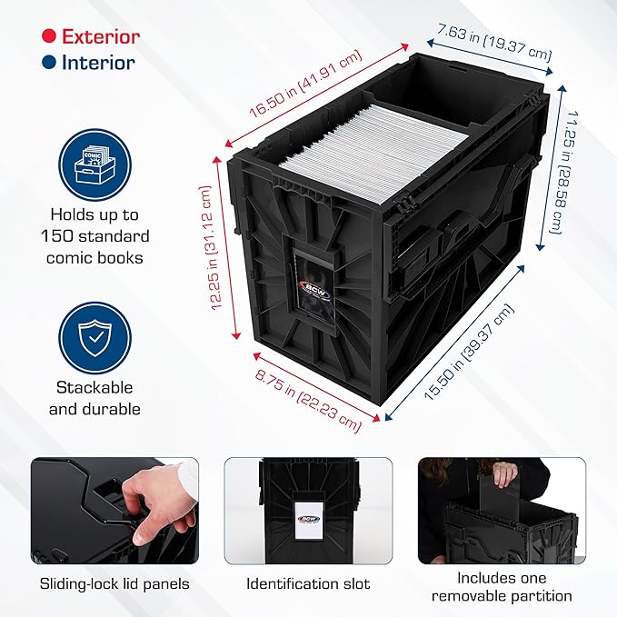BCW Short Comic Book Bin | Holds 150 Comics | Stackable Plastic Storage | Acid-Free Organizer | Black, 2 Pack | Comic Book Bin