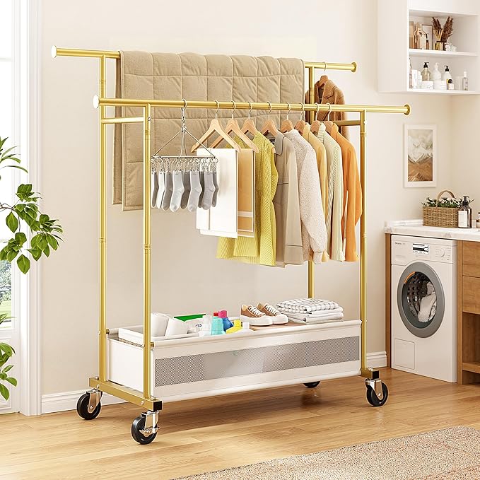Clothes Rack, Double Rods Clothing Rack, Clothing Racks for Hanging Clothes, Rolling Clothes Rack with Storage Basket & Heavy Duty Wheels, Garment Rack for Bedroom, Laundry Room, Gold