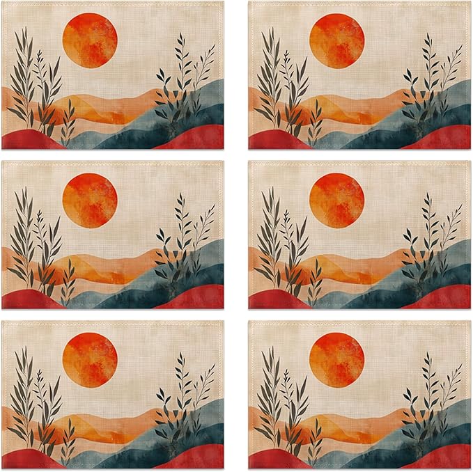 Boho Sunrise Abstract Sun Leaves Placemats Set of 6 Linen Table Mats, 12x18 Inch Washable Placemats for Dining Table, Non Slip Heat Resistant Mats for Kitchen Home Decor